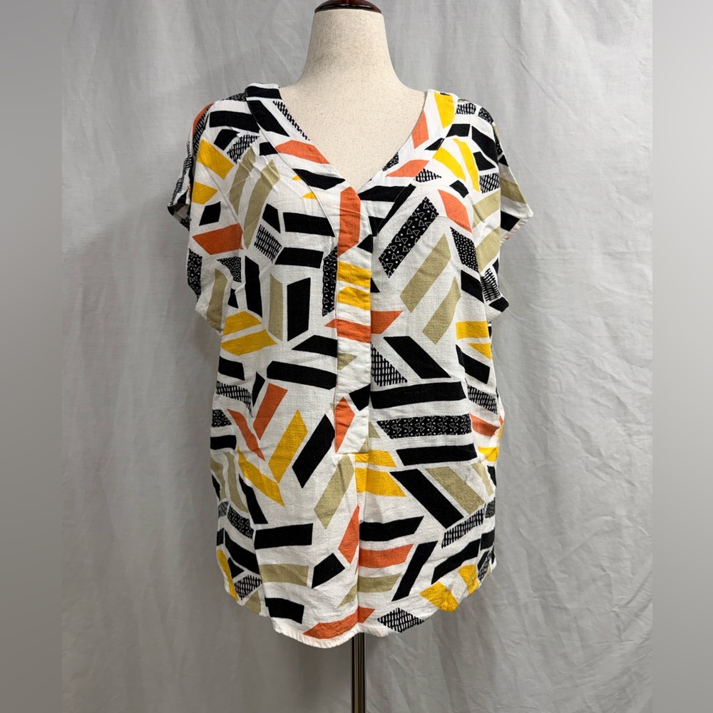 Ulla Popken Multicolor Geometric Raglan Short Sleeve Top